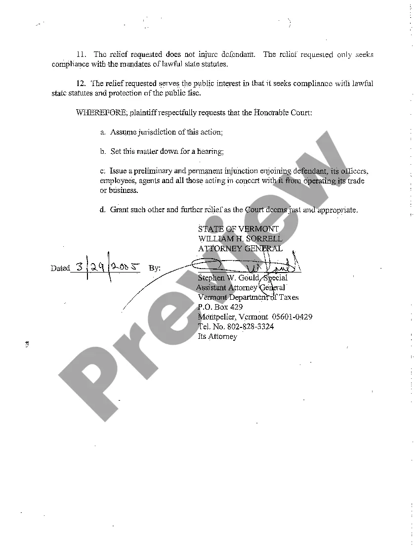 Preview A01 Complaint and Request for a Preliminary and Permanent Injunction to Stop Business With No Bond Filed With Department of Taxes