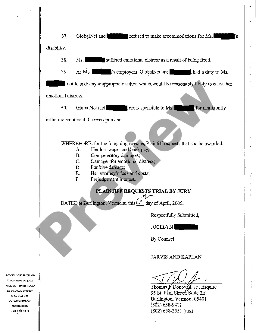 Get A01 Complaint for Wrongful Termination Due to Employer Not Accommodating Employee's Disability Preview A01 Complaint for Wrongful Termination Due to Employer Not Accommodating Employee's Disability