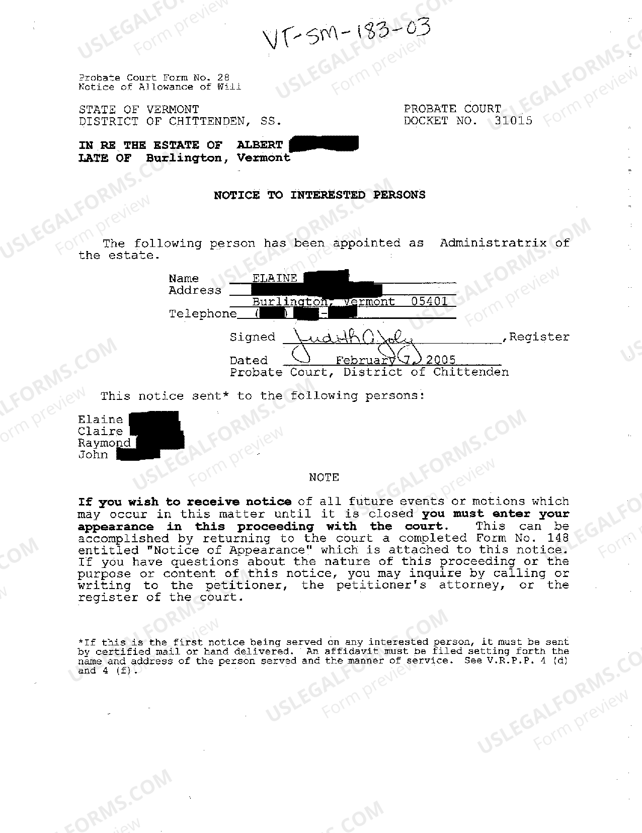 Vermont Notice to Interested Persons | US Legal Forms