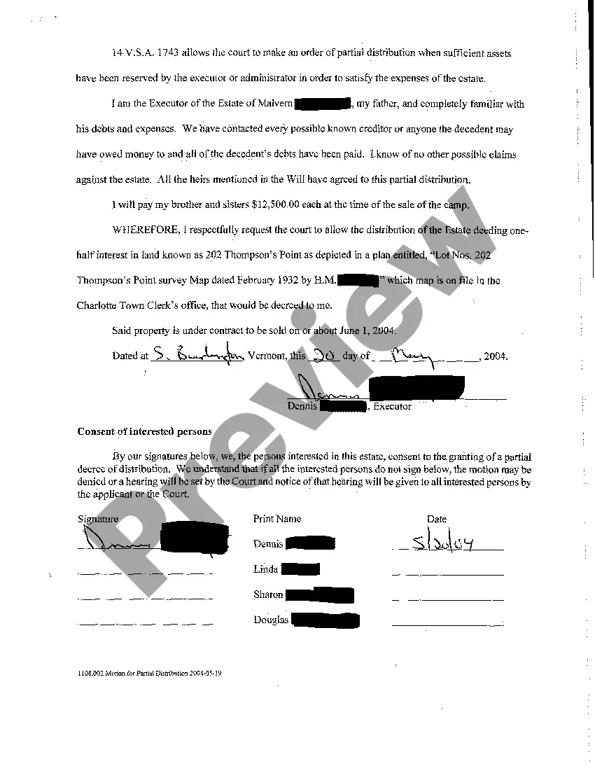 Preview A01 Motion for Partial Distribution of Estate Assets regarding Testate Estate