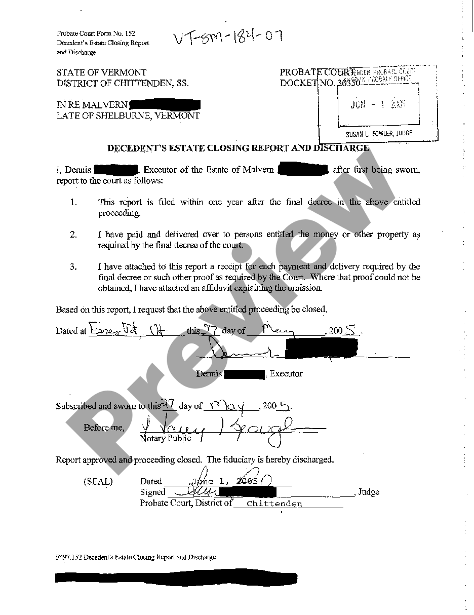 Vermont Decedent's Estate Closing Report and Discharge regarding ...