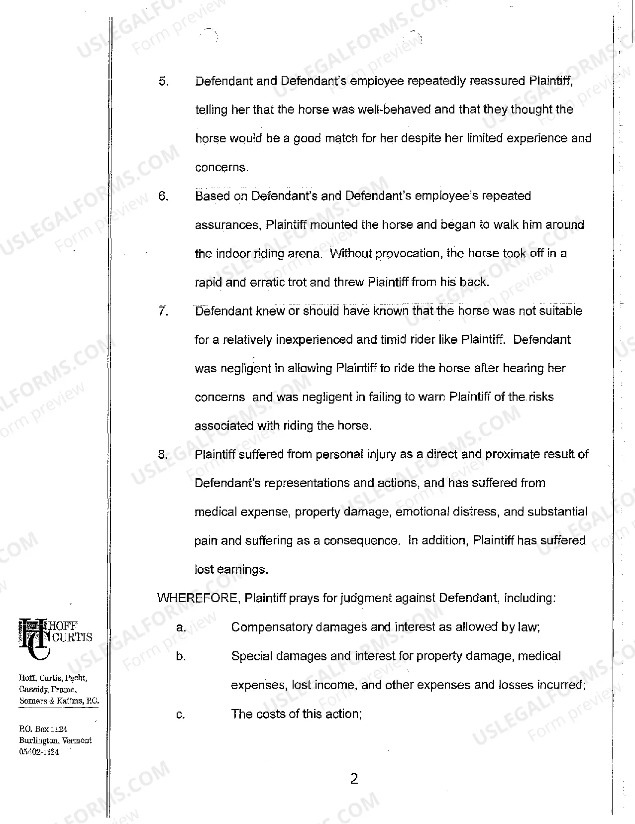 Preview Complaint for Personal Injury Where Plaintiff was Bucked Off Horse on Horse Farm Property