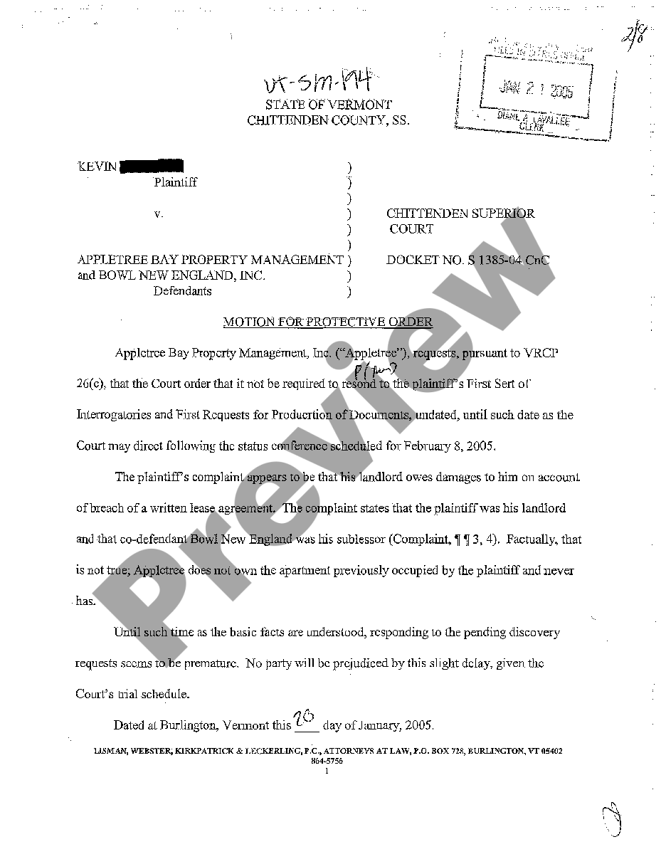 Vermont Motion for Protective Order to be Free from Responding to