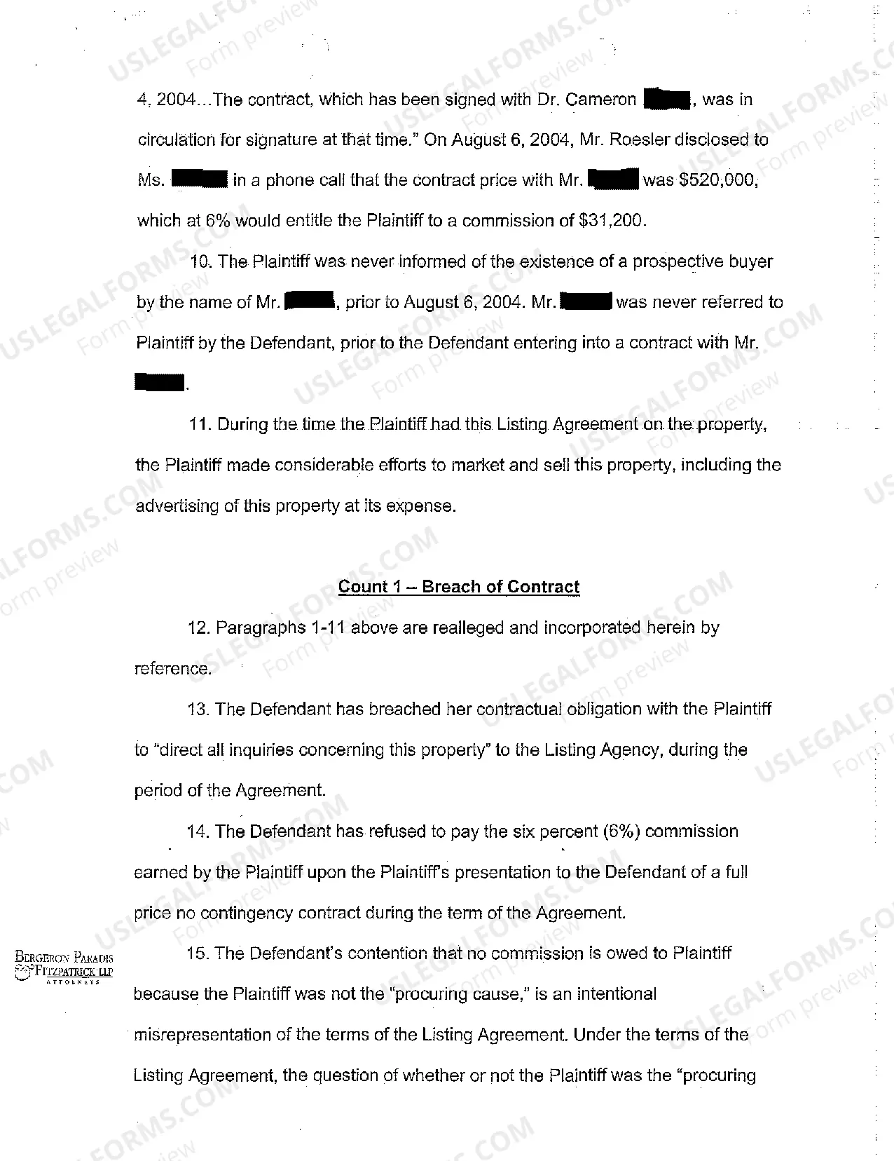 Preview Complaint for Breach of Listing Agreement by Homeowners Who Sold Home Independent of Plaintiff Listing Agency