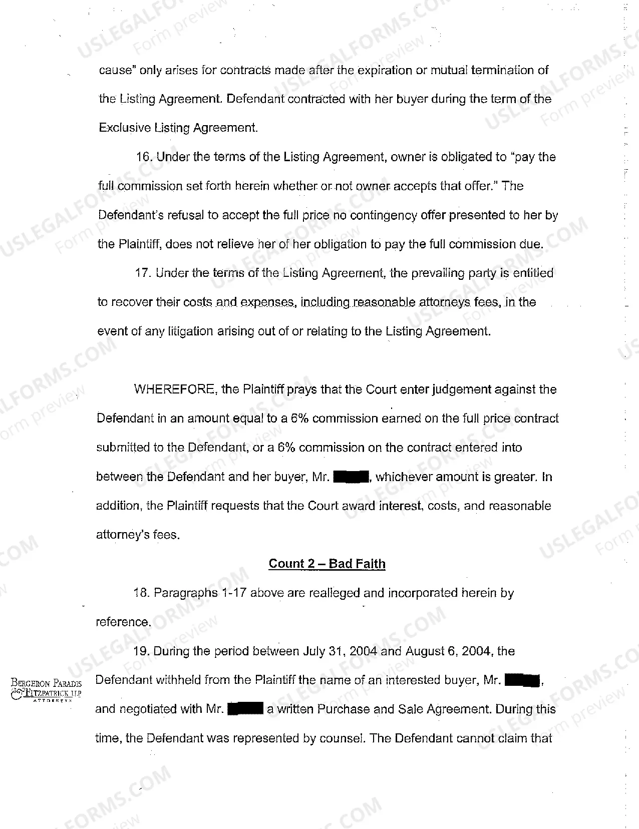 Preview Complaint for Breach of Listing Agreement by Homeowners Who Sold Home Independent of Plaintiff Listing Agency