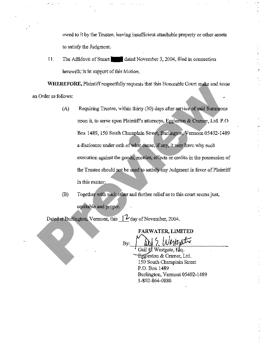 Preview Motion for Ex Parte Trustee Process regarding Breach of Construction Contract