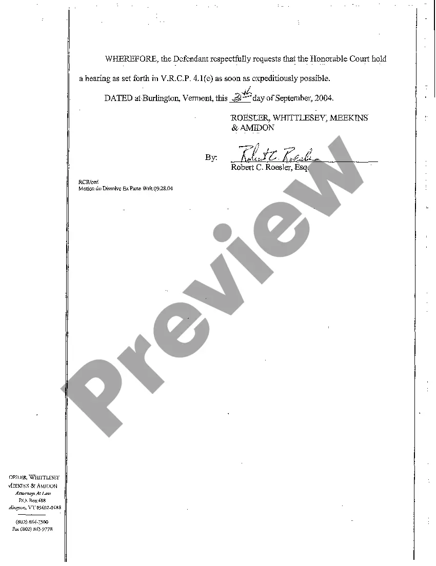 Get A03 Defendant's Motion to Dissolve Ex Parte Writ of Attachment Preview A03 Defendant's Motion to Dissolve Ex Parte Writ of Attachment