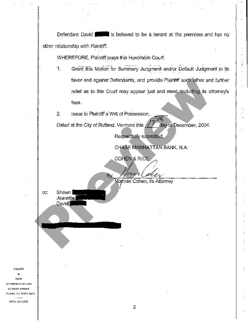 Vermont Motion for Summary Judgment and or Default Judgment and for a