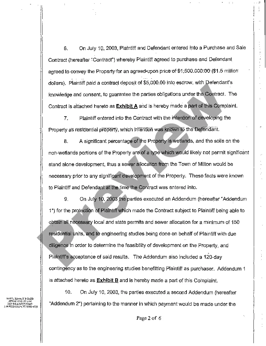 Preview A01 Complaint to Enforce Contract for the Development of Residential Property Situated in Wetlands