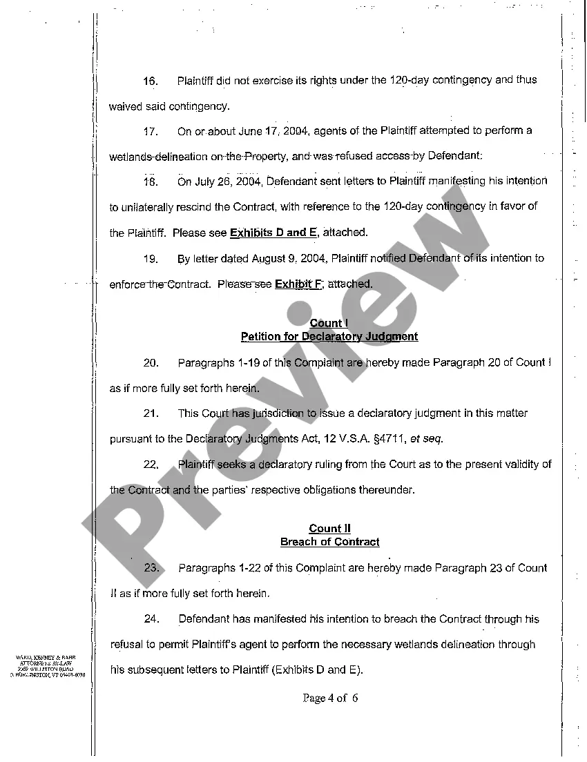Preview A01 Complaint to Enforce Contract for the Development of Residential Property Situated in Wetlands