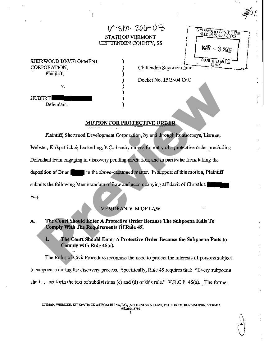 Vermont Motion for Protective Order from Engaging in Discovery Pending