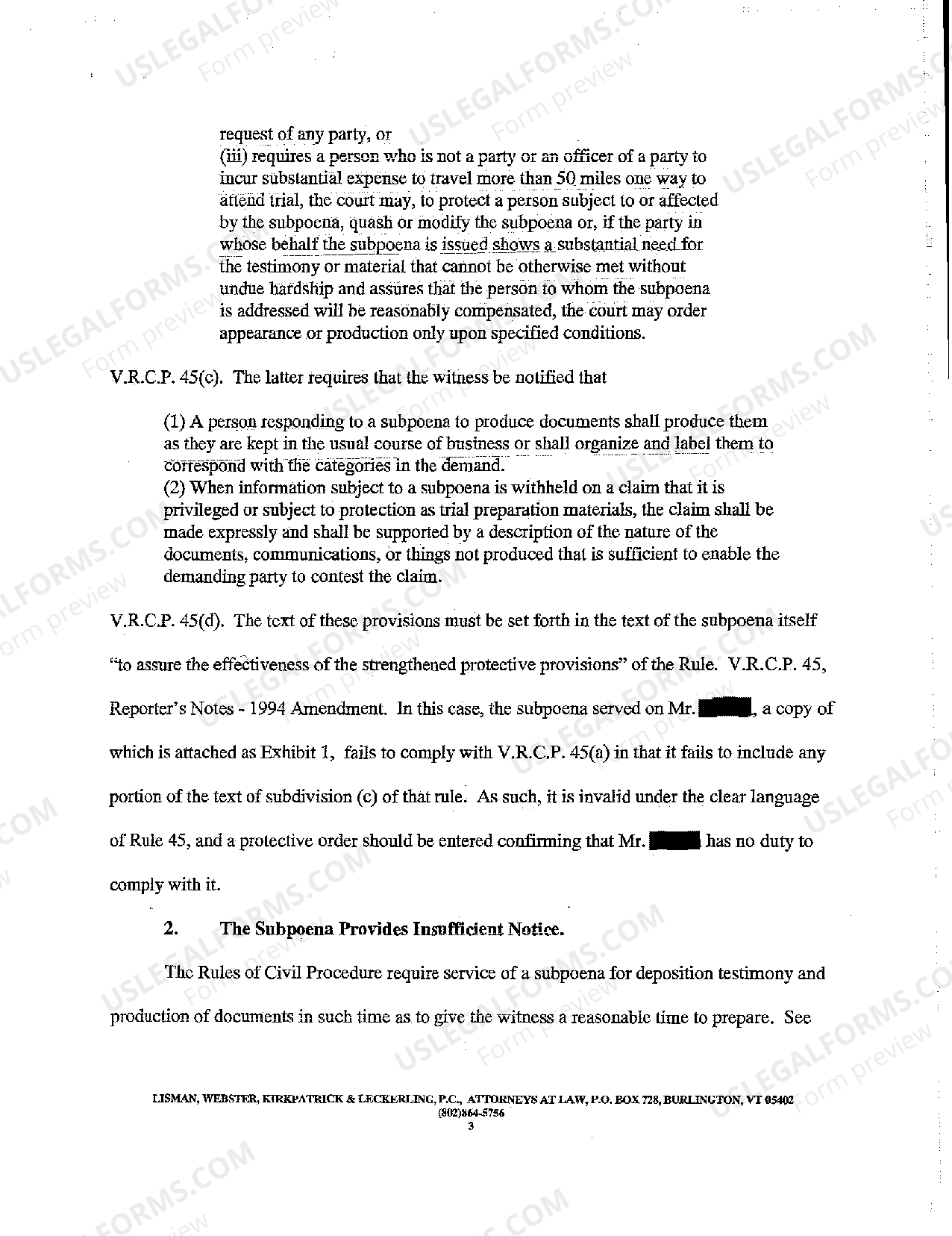 Vermont Motion for Protective Order from Engaging in Discovery Pending