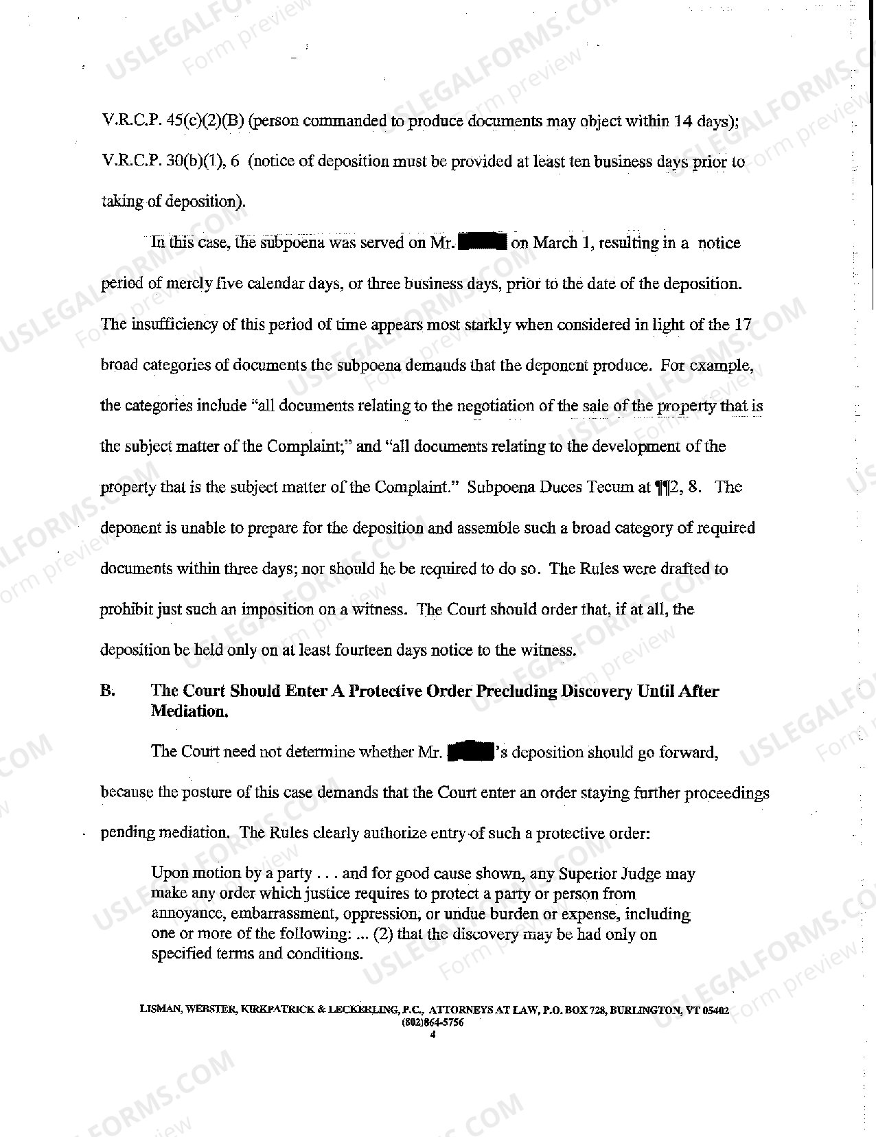 Vermont Motion for Protective Order from Engaging in Discovery Pending