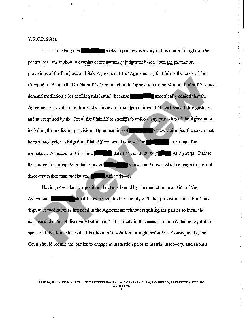 Vermont Motion for Protective Order from Engaging in Discovery Pending