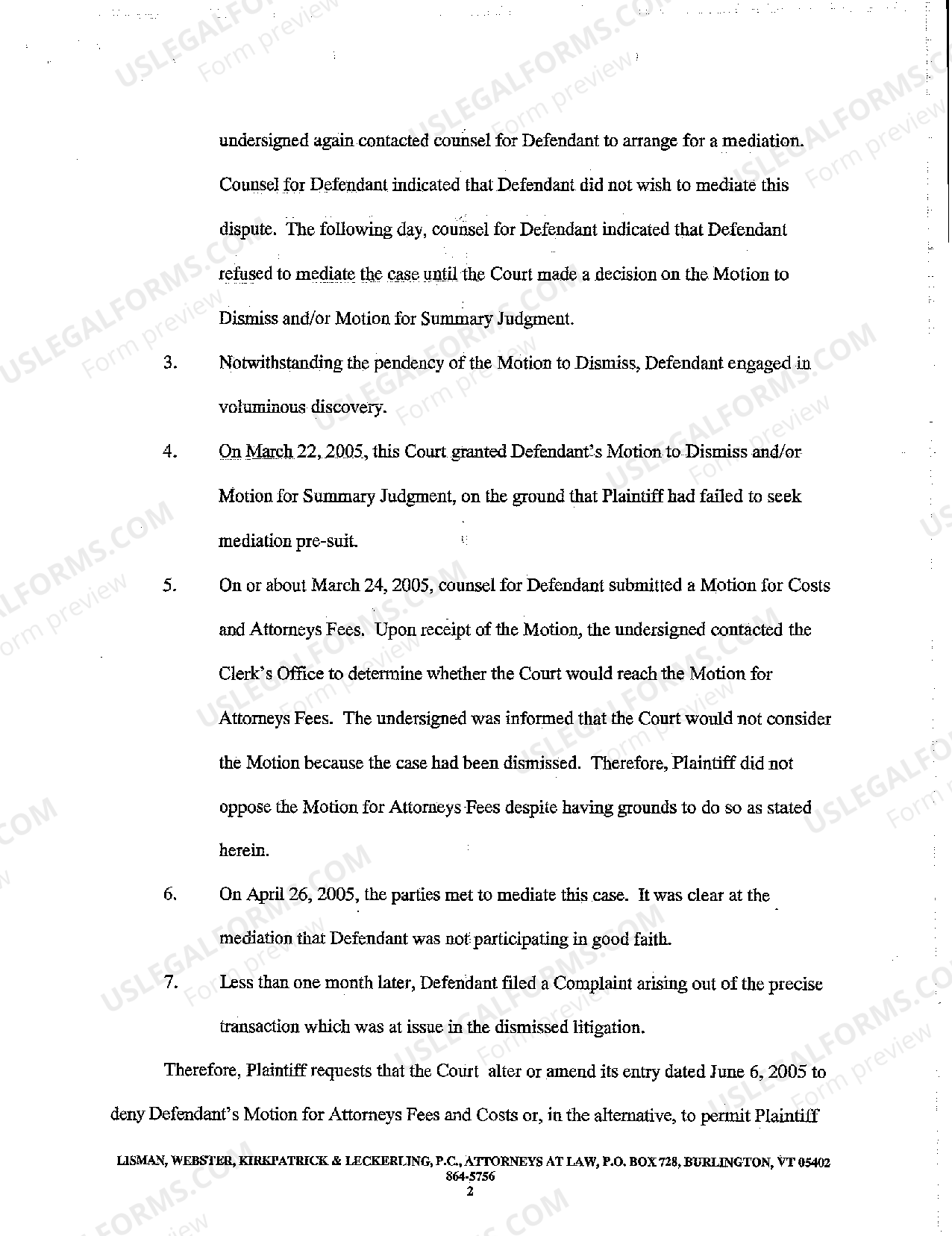 Vermont Motion to Alter or Amend Judgment to Deny Defendant's Attorneys' Fees and Costs US