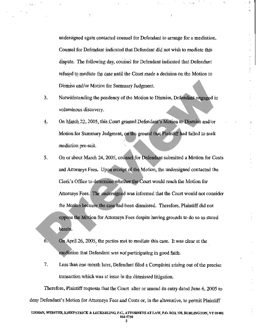 Preview A04 Motion to Alter or Amend Judgment to Deny Defendant's Attorneys' Fees and Costs