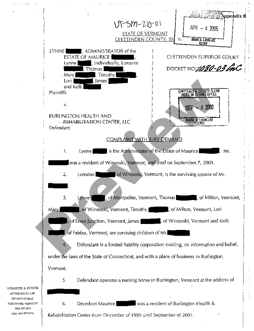 Vermont Complaint Wrongful Death Against Nursing Home US Legal Forms