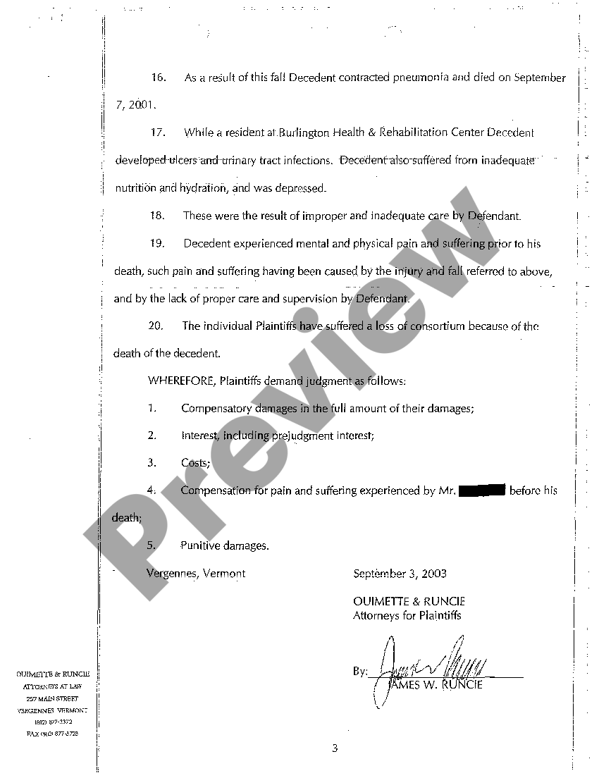 Vermont Complaint Wrongful Death Against Nursing Home US Legal Forms