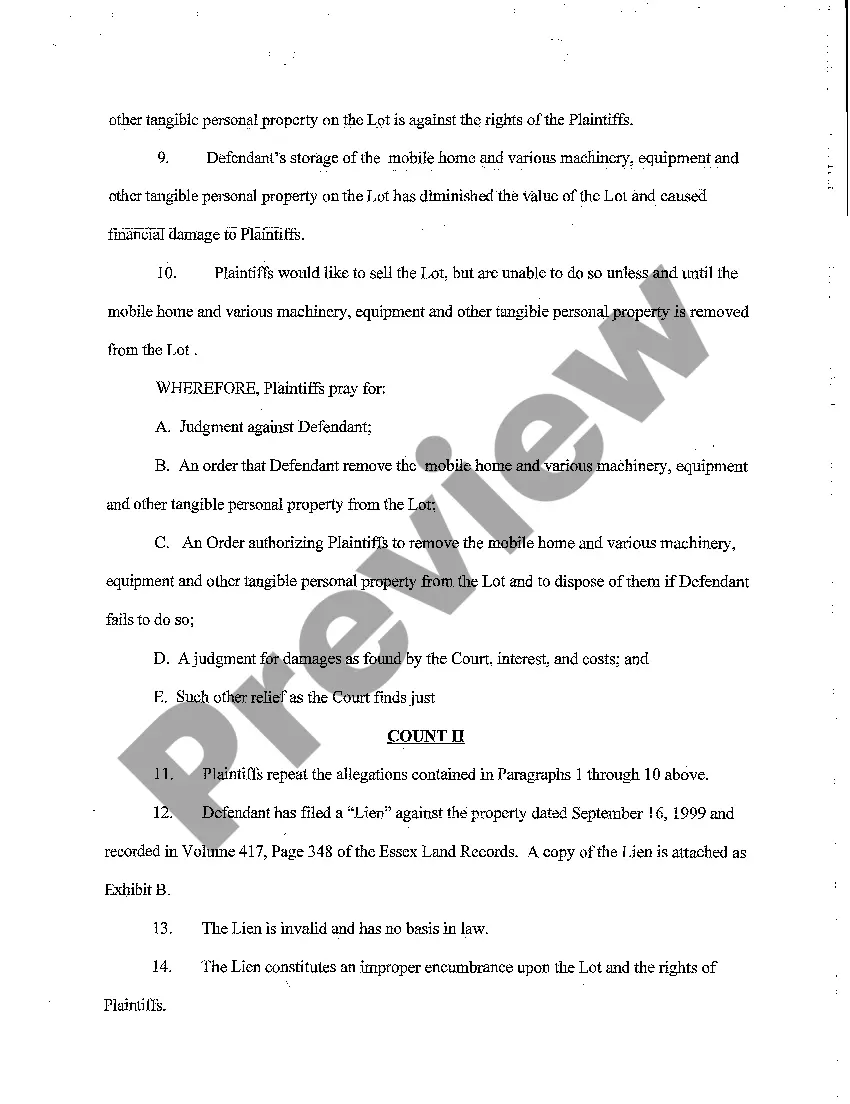 Preview A01 Complaint for Removal of Mobile Home and Other Property from Plaintiff's Property