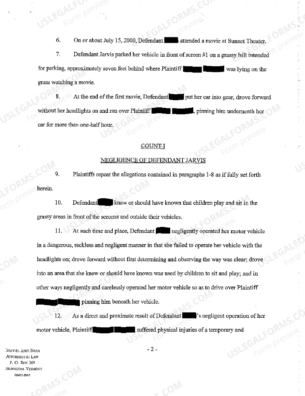 Preview A01 Complaint for Personal Injury to Minor Against Drive-In Movie Theatre Where Vehicle Negligently Ran Over Minor