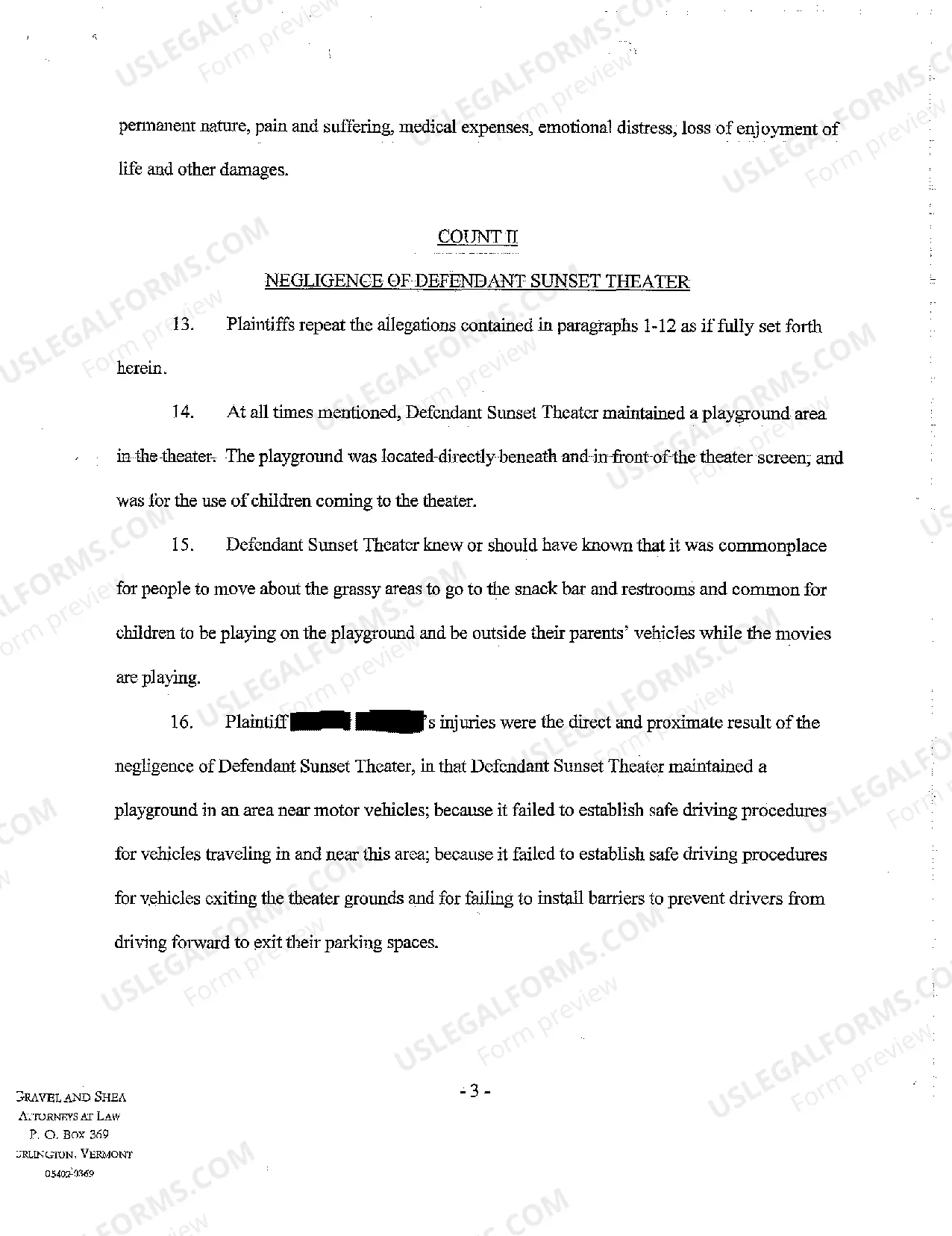 Preview A01 Complaint for Personal Injury to Minor Against Drive-In Movie Theatre Where Vehicle Negligently Ran Over Minor