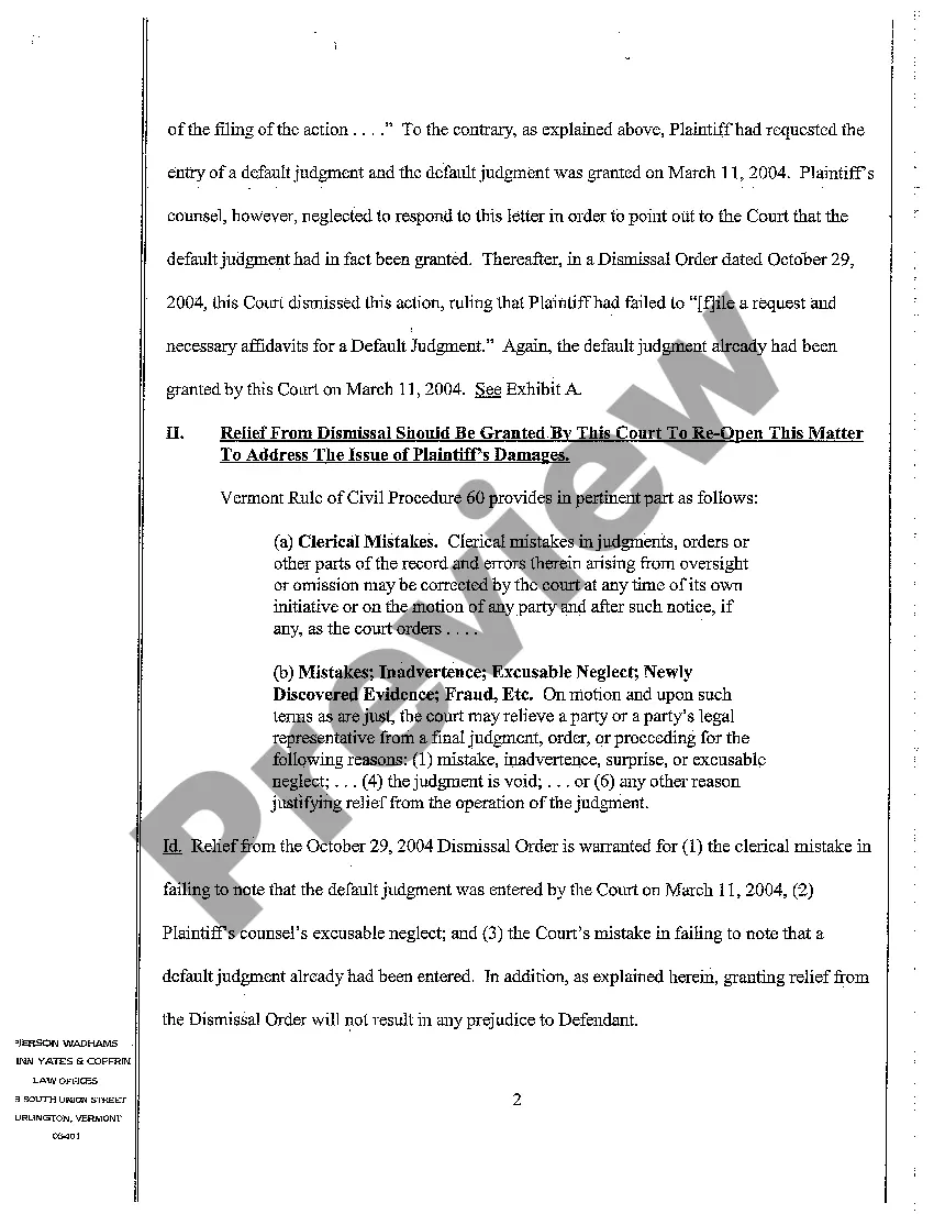 Get A01 Motion for Relief from Dismissal Order to Reopen Matter to Address Issue of Damages Preview A01 Motion for Relief from Dismissal Order to Reopen Matter to Address Issue of Damages