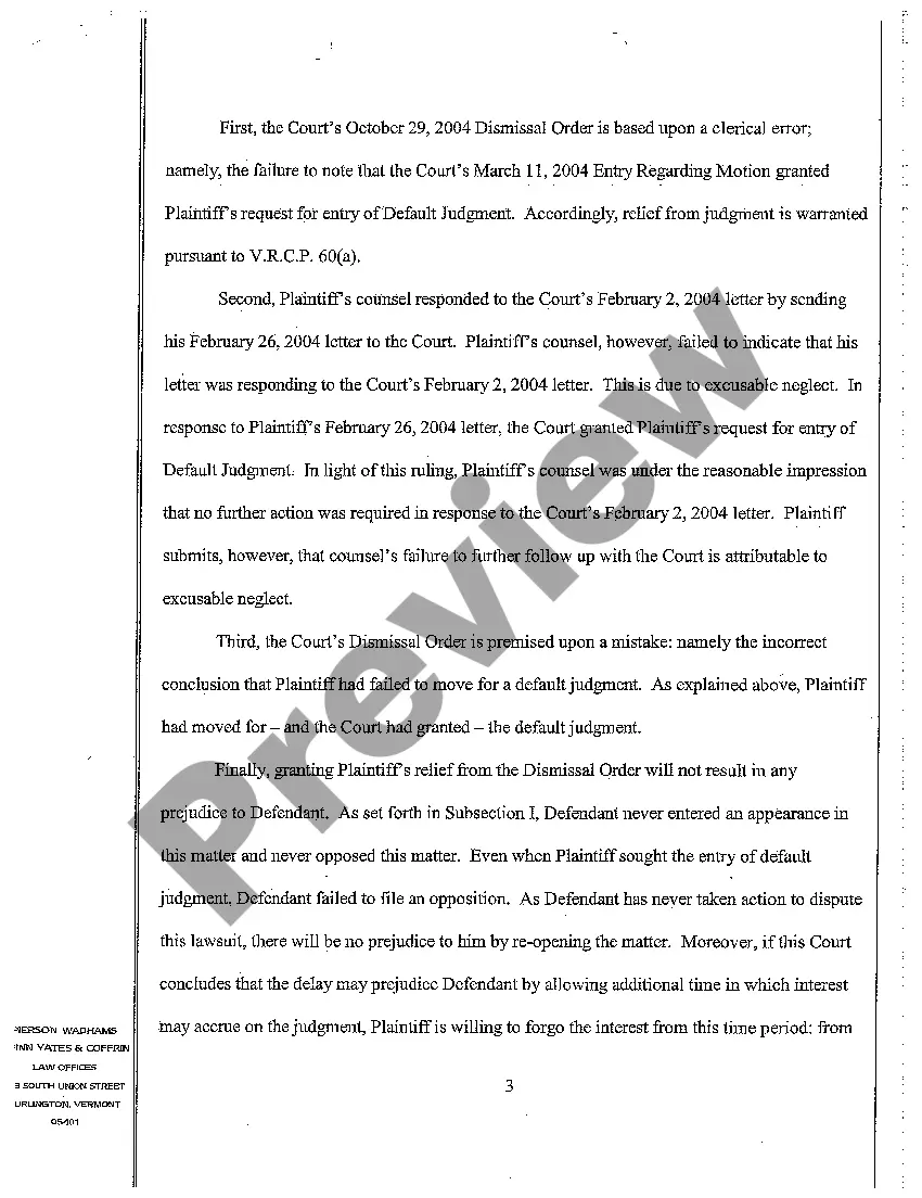 Get A01 Motion for Relief from Dismissal Order to Reopen Matter to Address Issue of Damages Preview A01 Motion for Relief from Dismissal Order to Reopen Matter to Address Issue of Damages