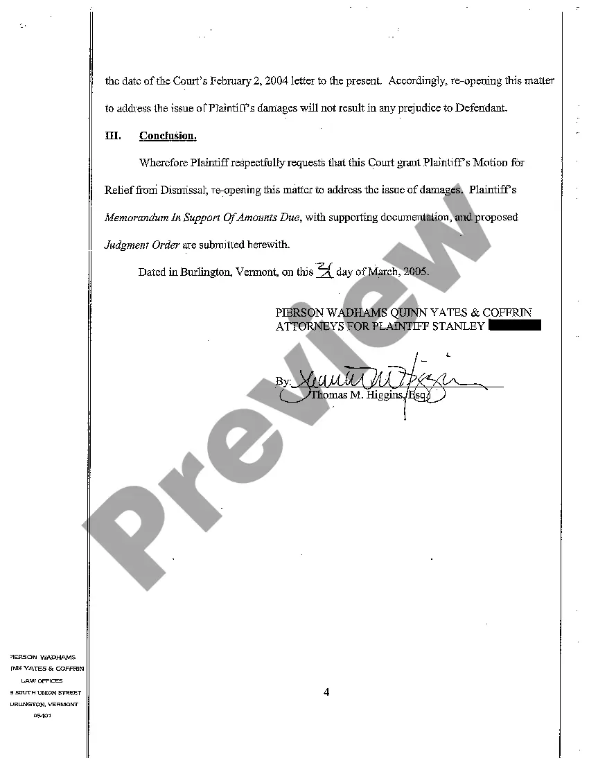Get A01 Motion for Relief from Dismissal Order to Reopen Matter to Address Issue of Damages Preview A01 Motion for Relief from Dismissal Order to Reopen Matter to Address Issue of Damages