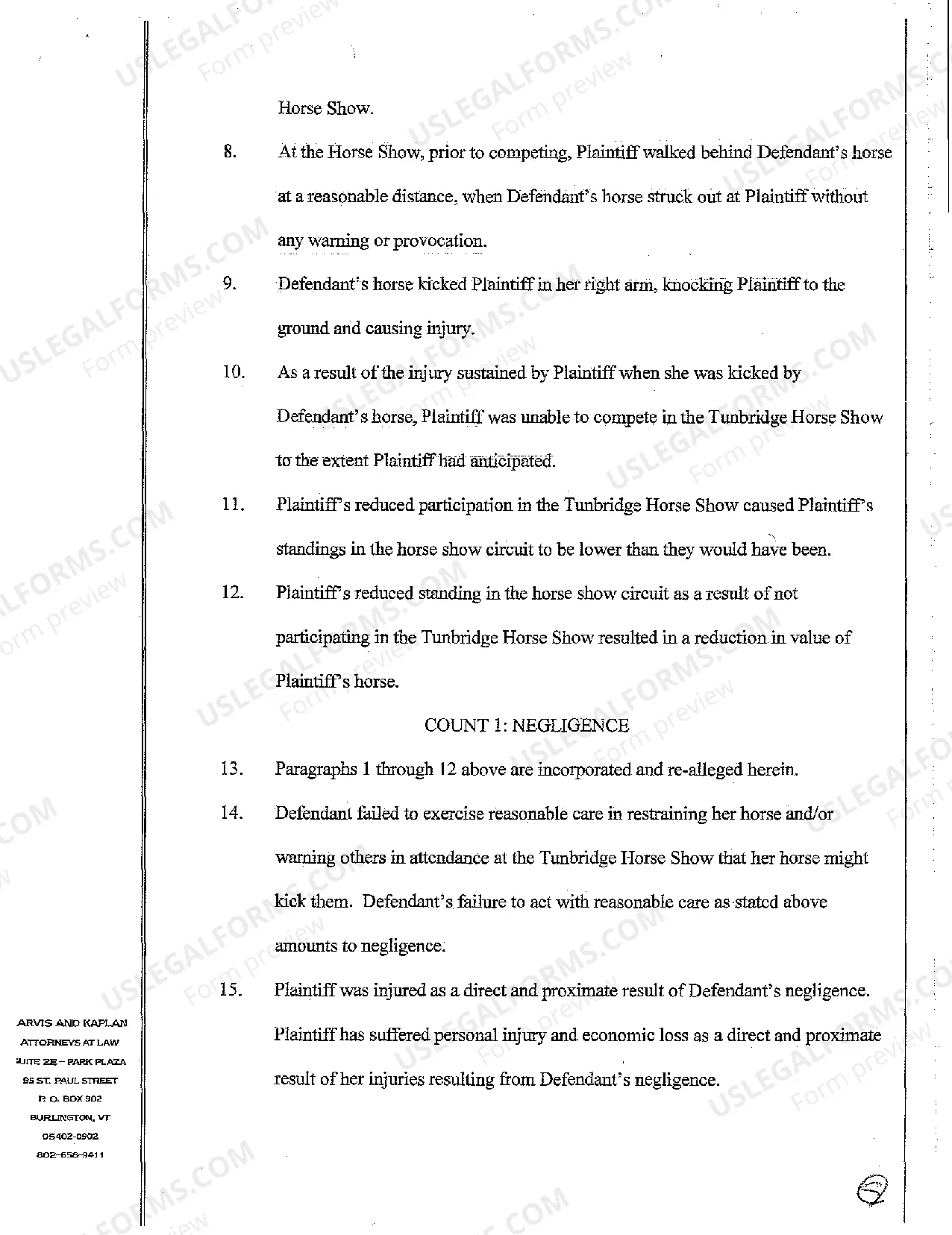 Preview A01 Complaint for Personal Injury for Horse Kick