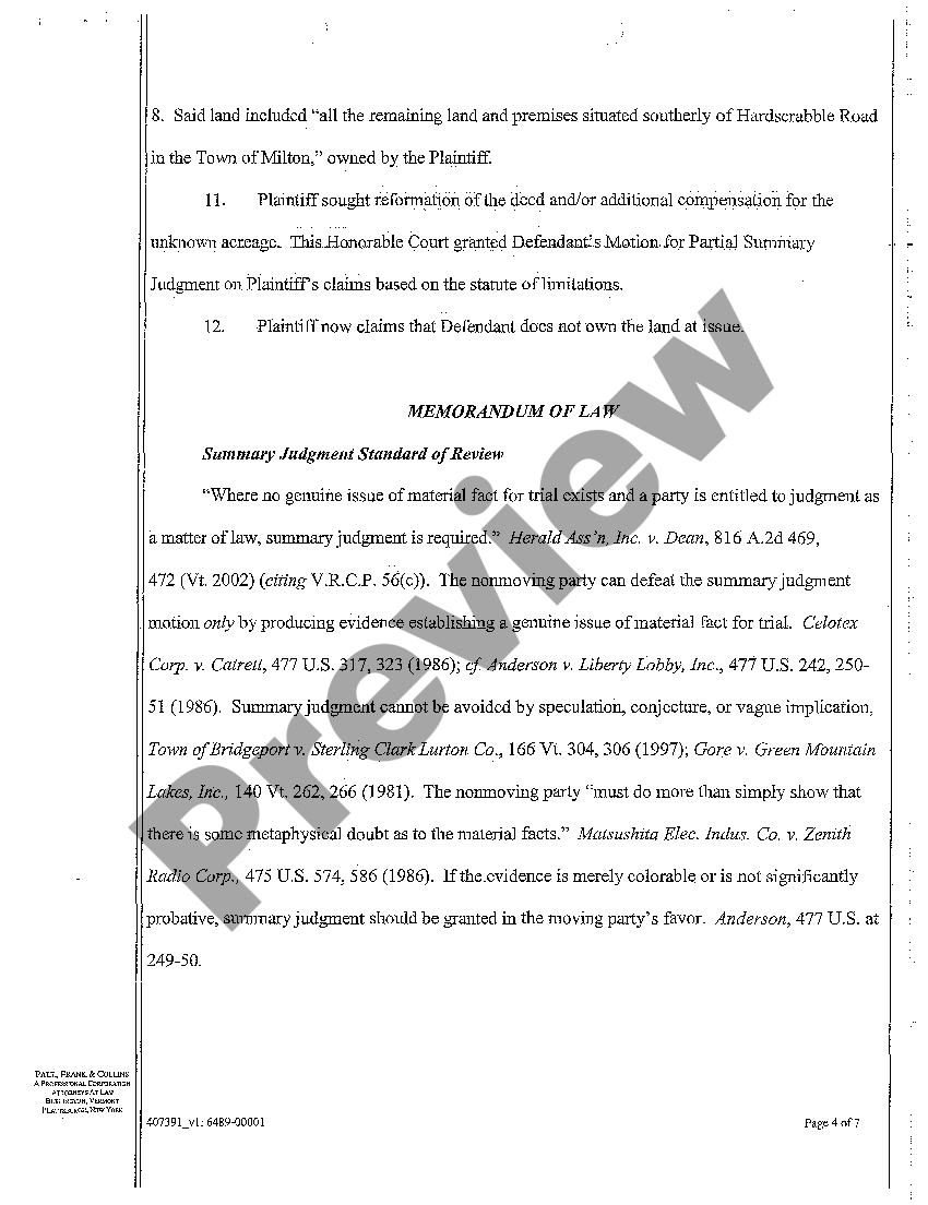 Vermont Defendant's Motion for Summary Judgment US Legal Forms