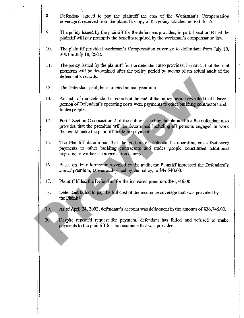Preview Complaint for Payment of Worker's Compensation Insurance Benefits