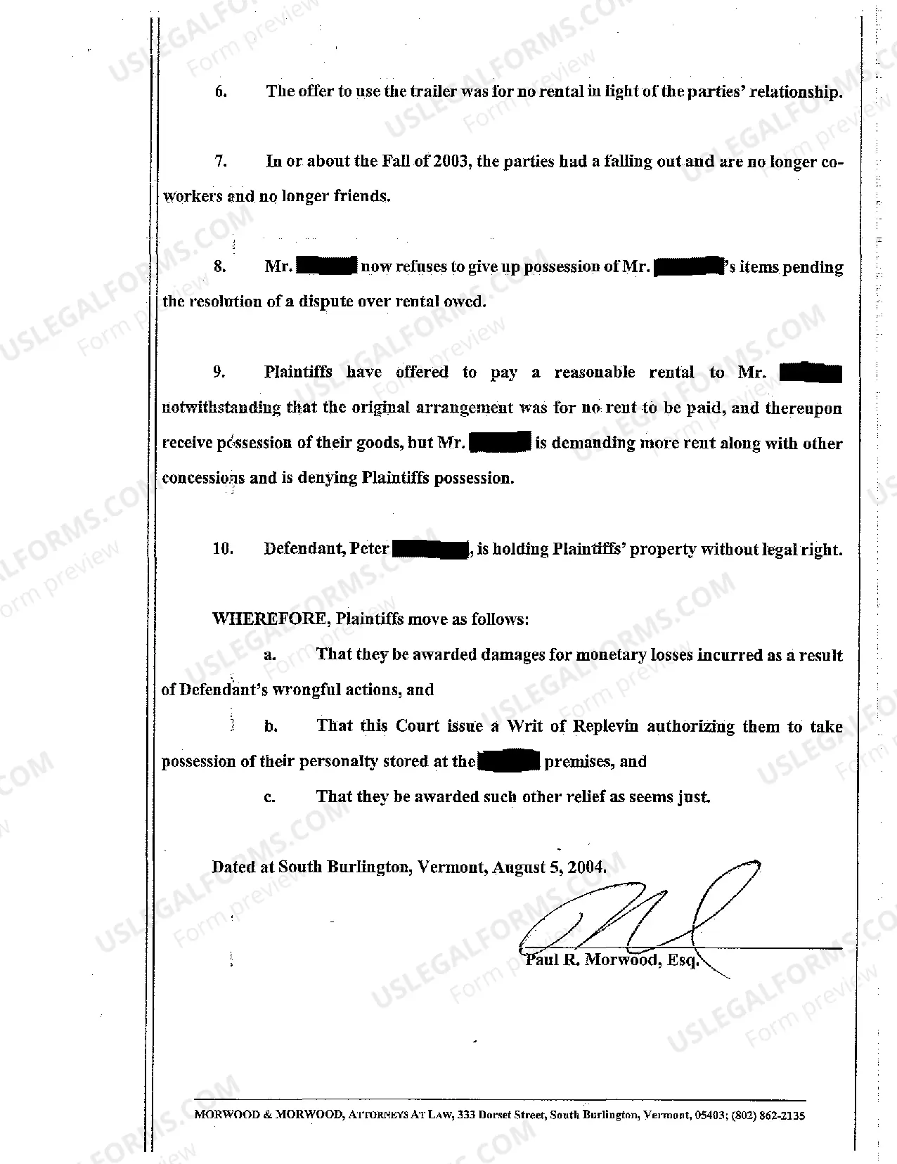 Preview A01 Complaint for Damages and Replevin