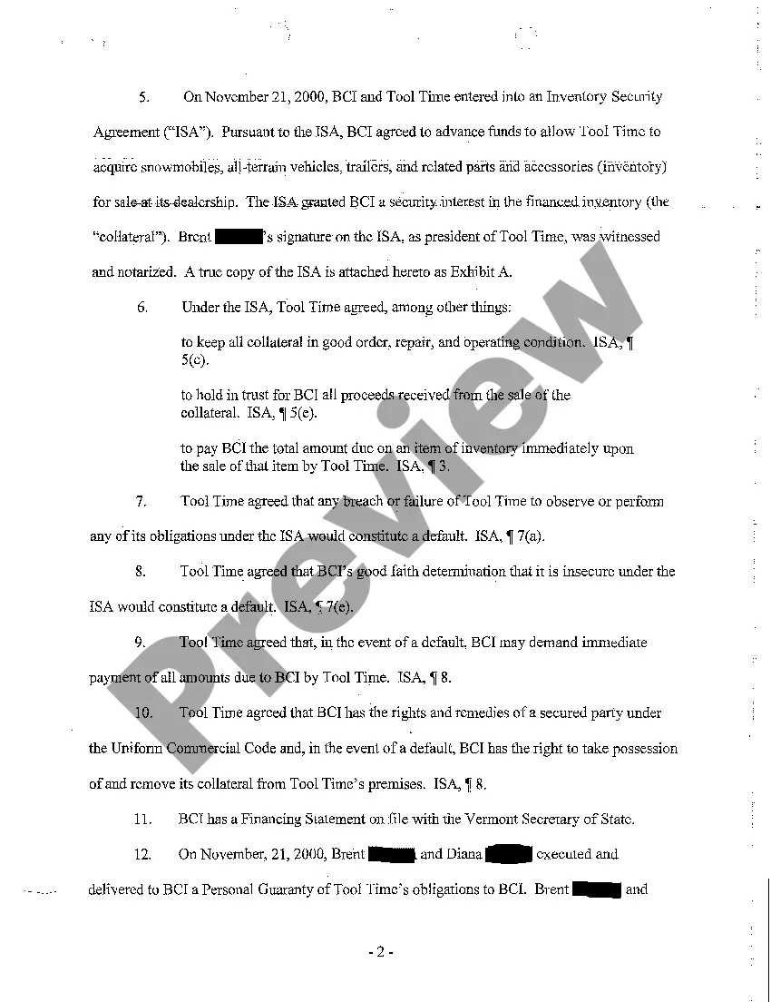 Get Complaint for Breach of Inventory Security Agreement Preview Complaint for Breach of Inventory Security Agreement