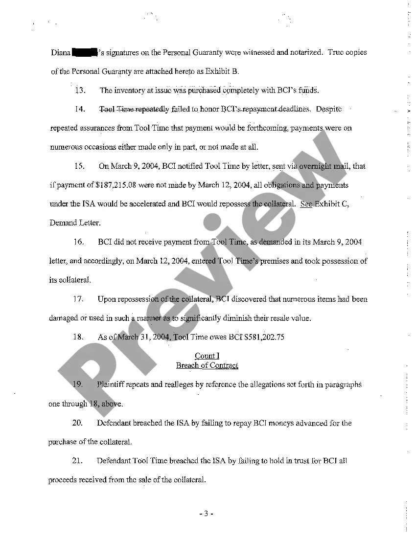 Get Complaint for Breach of Inventory Security Agreement Preview Complaint for Breach of Inventory Security Agreement