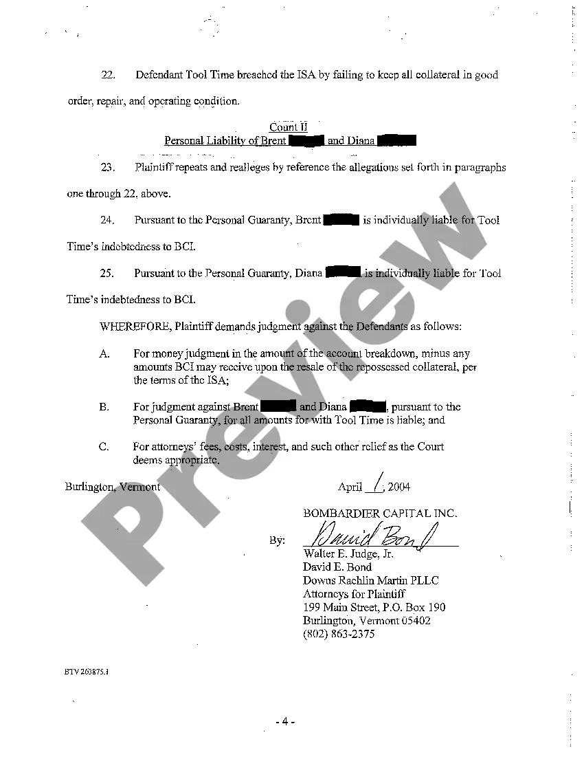 Get Complaint for Breach of Inventory Security Agreement Preview Complaint for Breach of Inventory Security Agreement