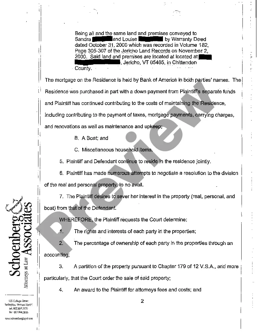 Preview A01 Complaint for Partition of Jointly Owned Property by Same Sex Partners
