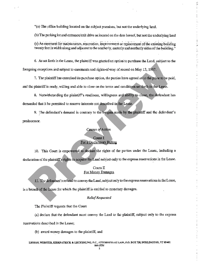 Preview Complaint for Breach of Lease for Refusal to Deliver Deed