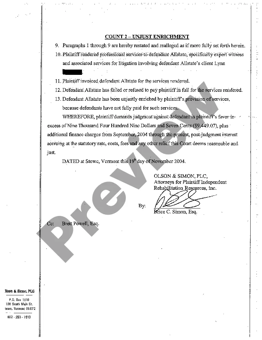 Preview Complaint to Collect for Services Rendered to Insurance Company