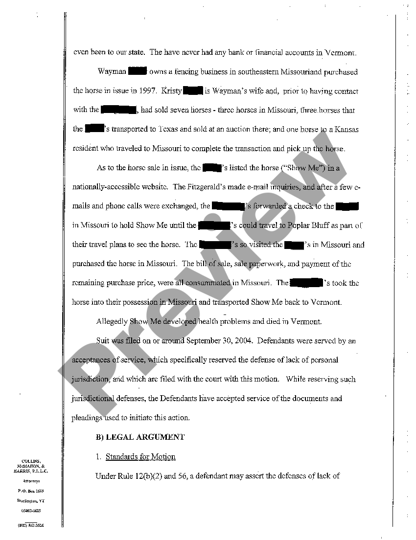 Vermont PreAnswer Motion to Dismiss and Motion in the Alternative for