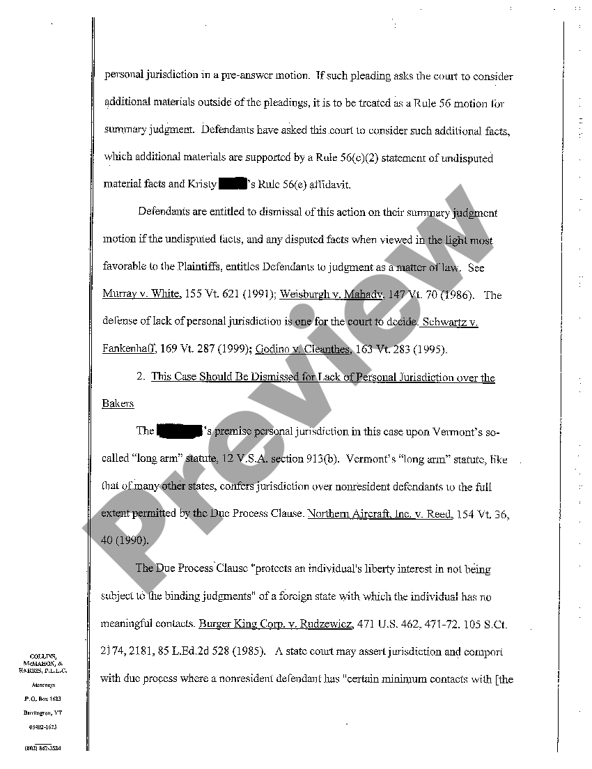 Vermont PreAnswer Motion to Dismiss and Motion in the Alternative for