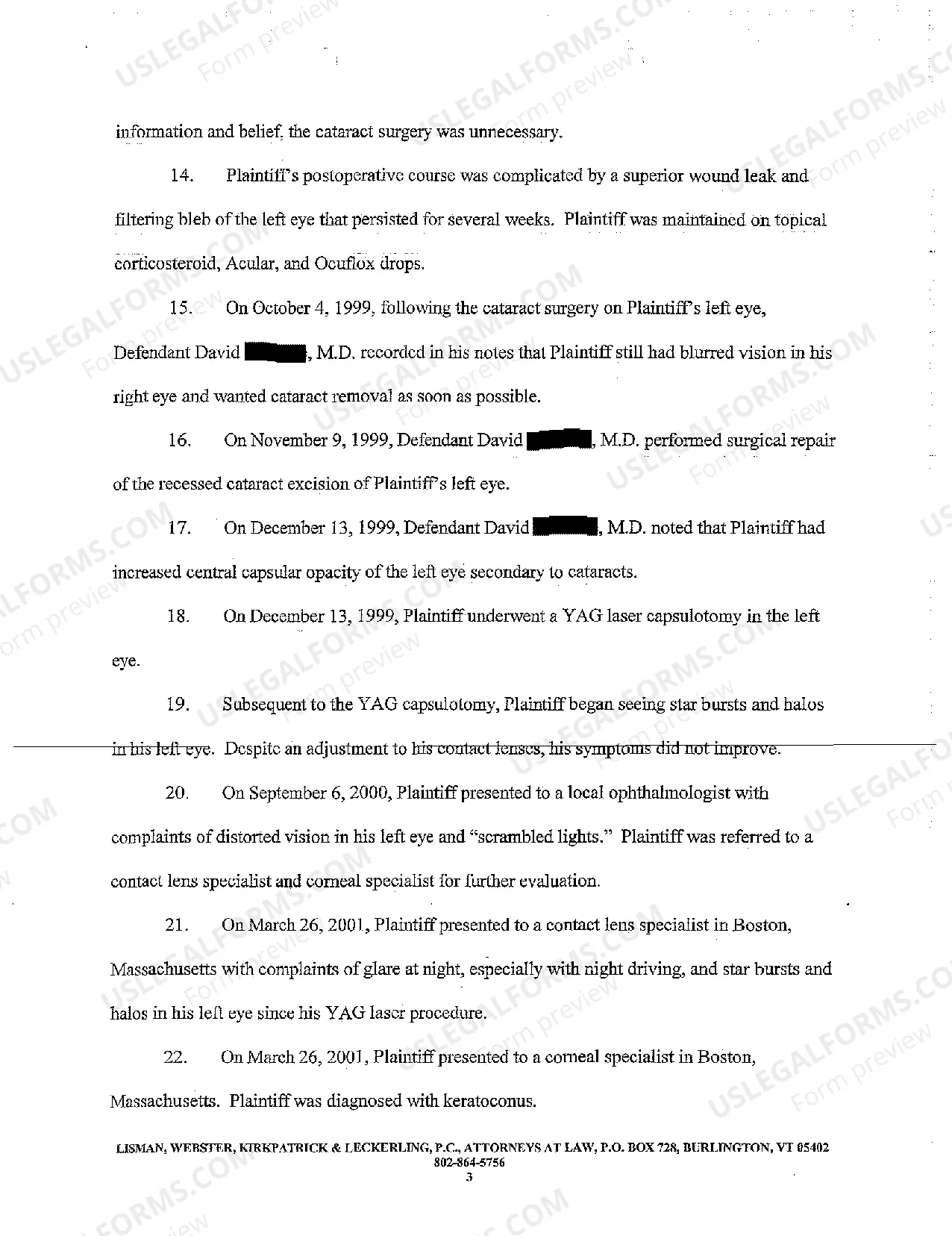 Preview A01 Complaint and Demand for Jury Trial regarding Medical Malpractice Related to Cataract Removal