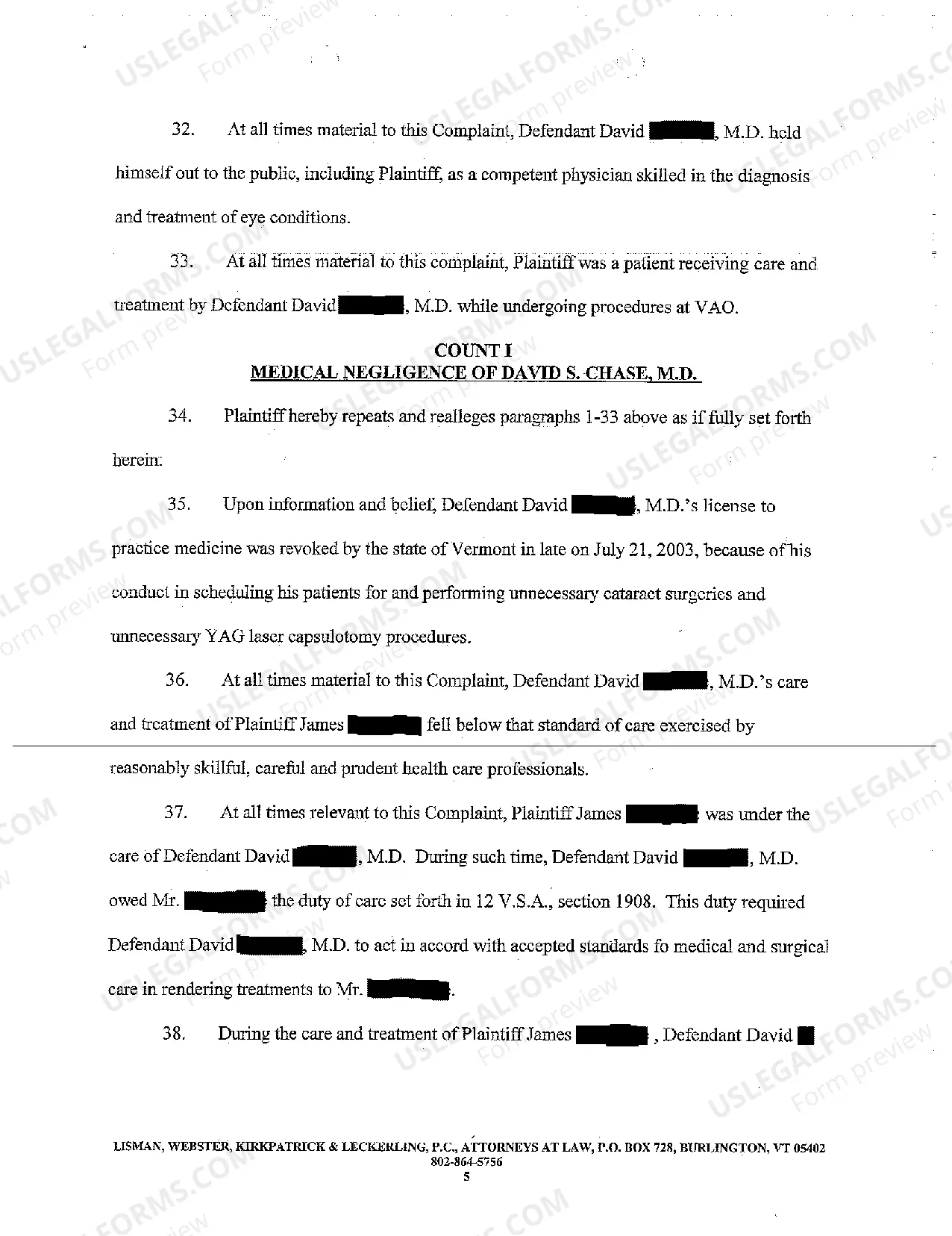 Preview A01 Complaint and Demand for Jury Trial regarding Medical Malpractice Related to Cataract Removal