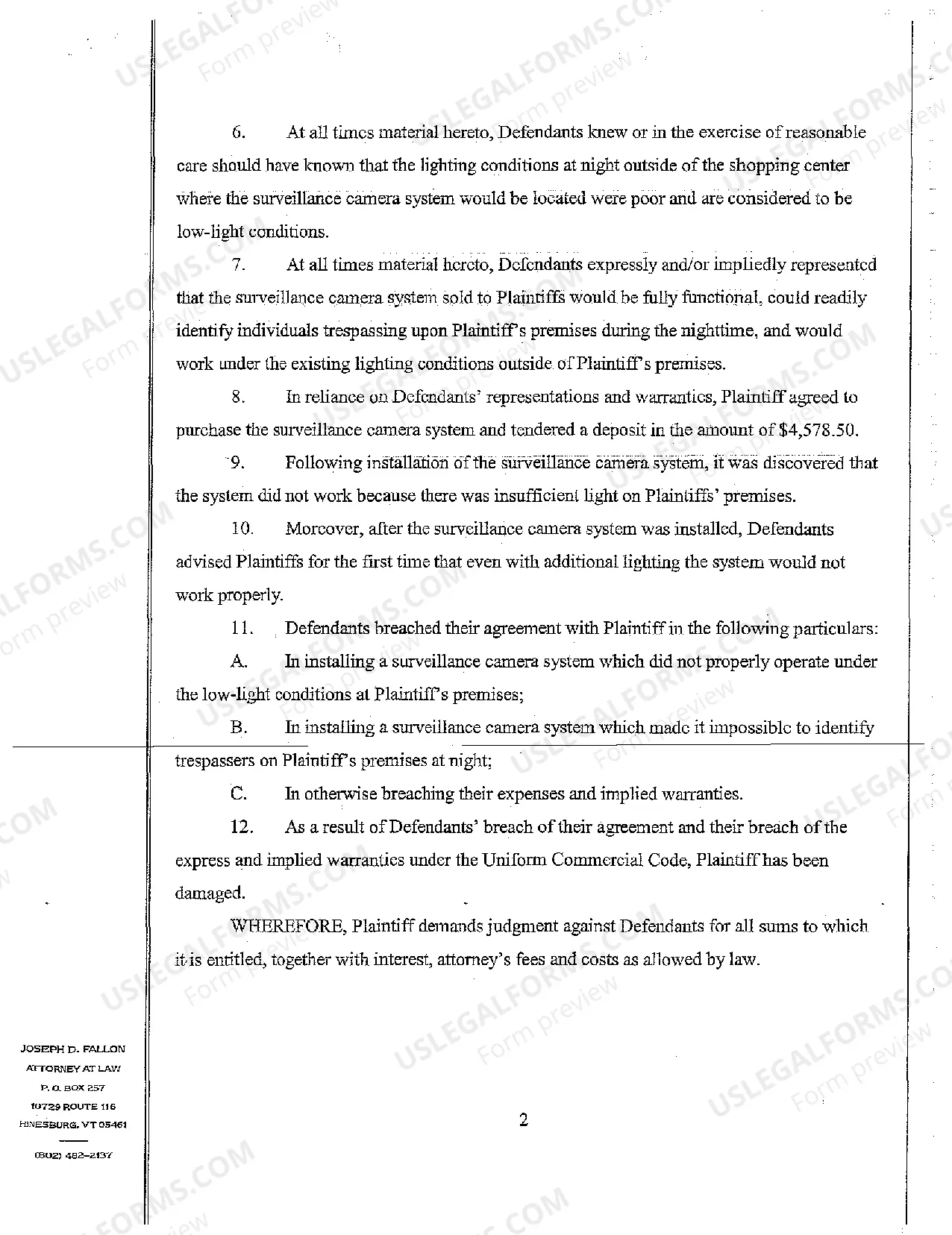 Preview A01 Complaint Alleging Breach of Warranty regarding Surveillance Camera System for Shopping Center