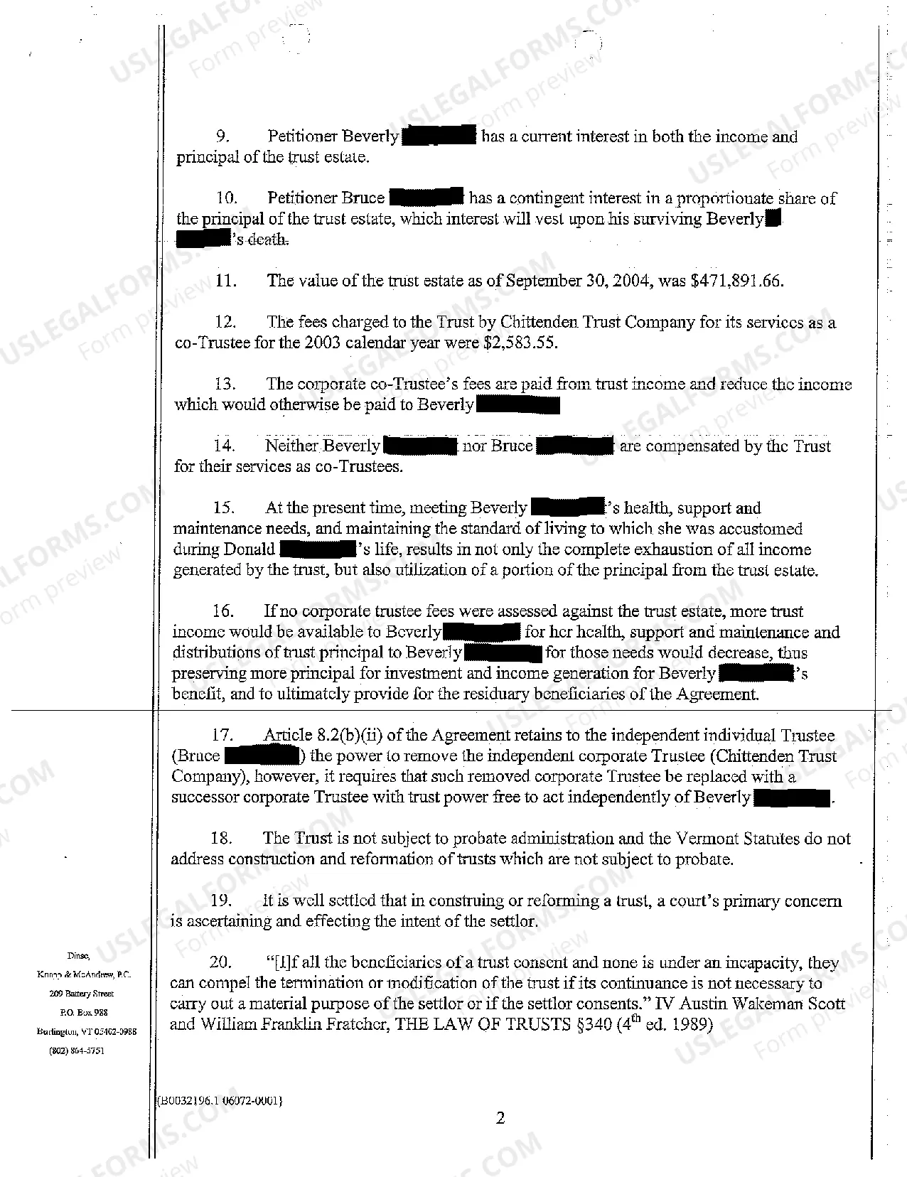 Preview Petition to Reform Trust Agreement to Eliminate Requirement of Successor Corporate Trustee, Includes Copy of Trust Agreement