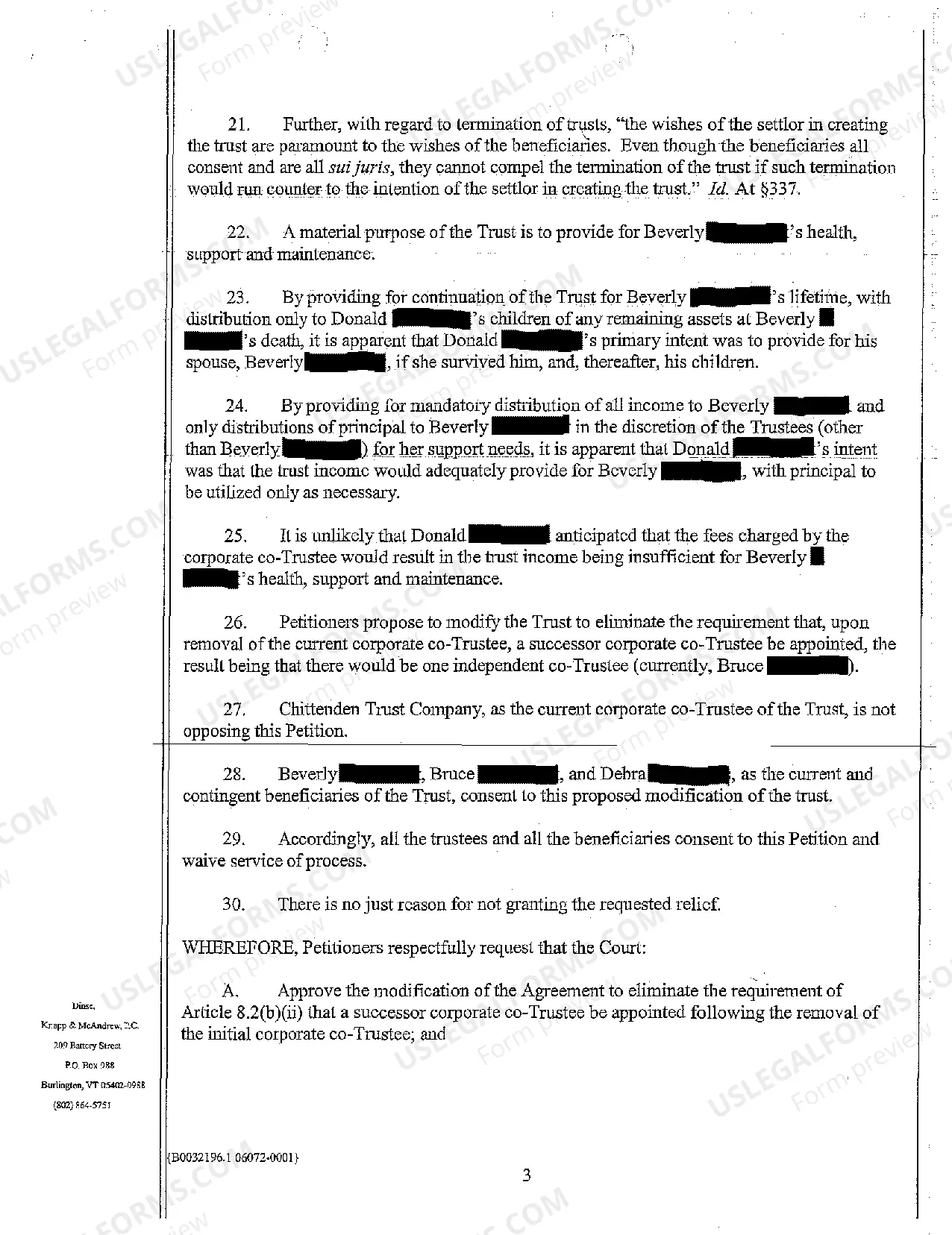 Preview Petition to Reform Trust Agreement to Eliminate Requirement of Successor Corporate Trustee, Includes Copy of Trust Agreement
