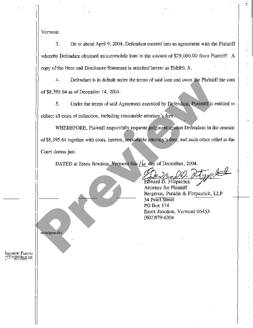 Preview A01 Complaint to Collect Payments on Automobile Loan