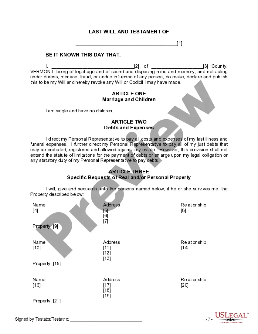 Preview Last Will and Testament for Single Person with No Children