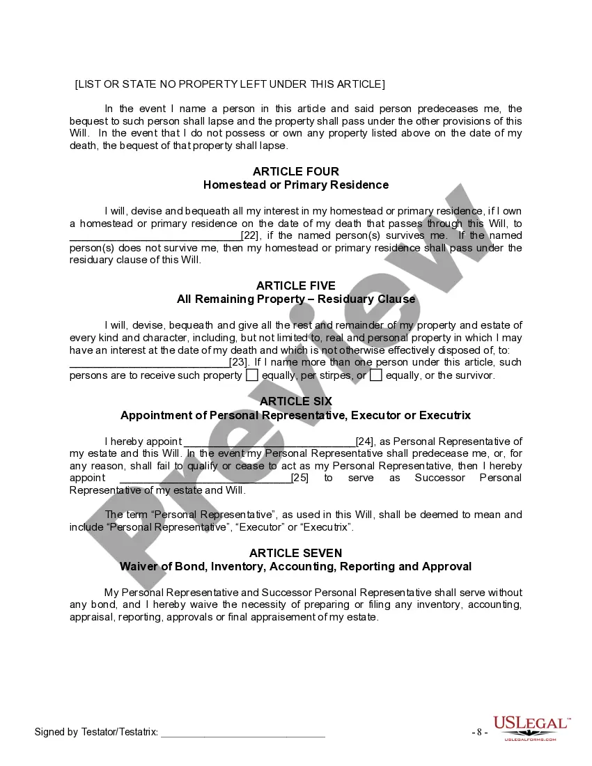 Preview Last Will and Testament for Single Person with No Children