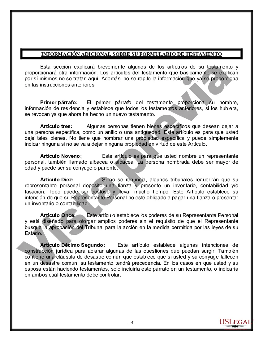 Preview Formulario Legal de Última Voluntad y Testamento para Persona Soltera con Hijos Adultos y Menores