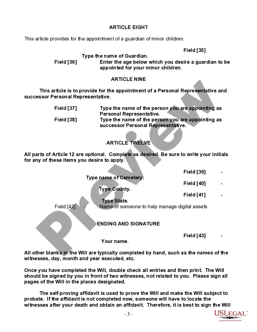 Preview Last Will and Testament for Single Person with Adult and Minor Children